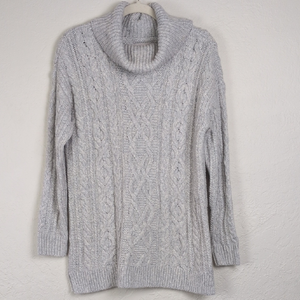 LOFT Chunky Cable Knit Sweater M Gray Cotton Wool Blend Turtleneck Cowl Neck